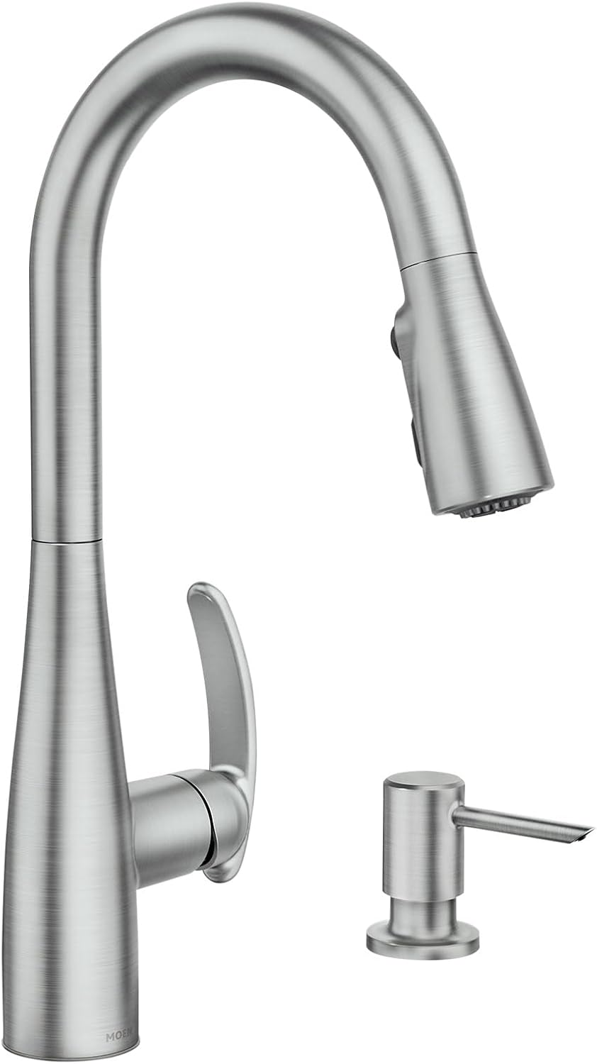 Moen Reyes Stainless Pulldown Kitchen Faucet with Soap Dispenser and Power Boost, Transitional Kitchen Faucet, One-Handle High Arc, Easy Installation, Spot Resist Finish, 87932SRS