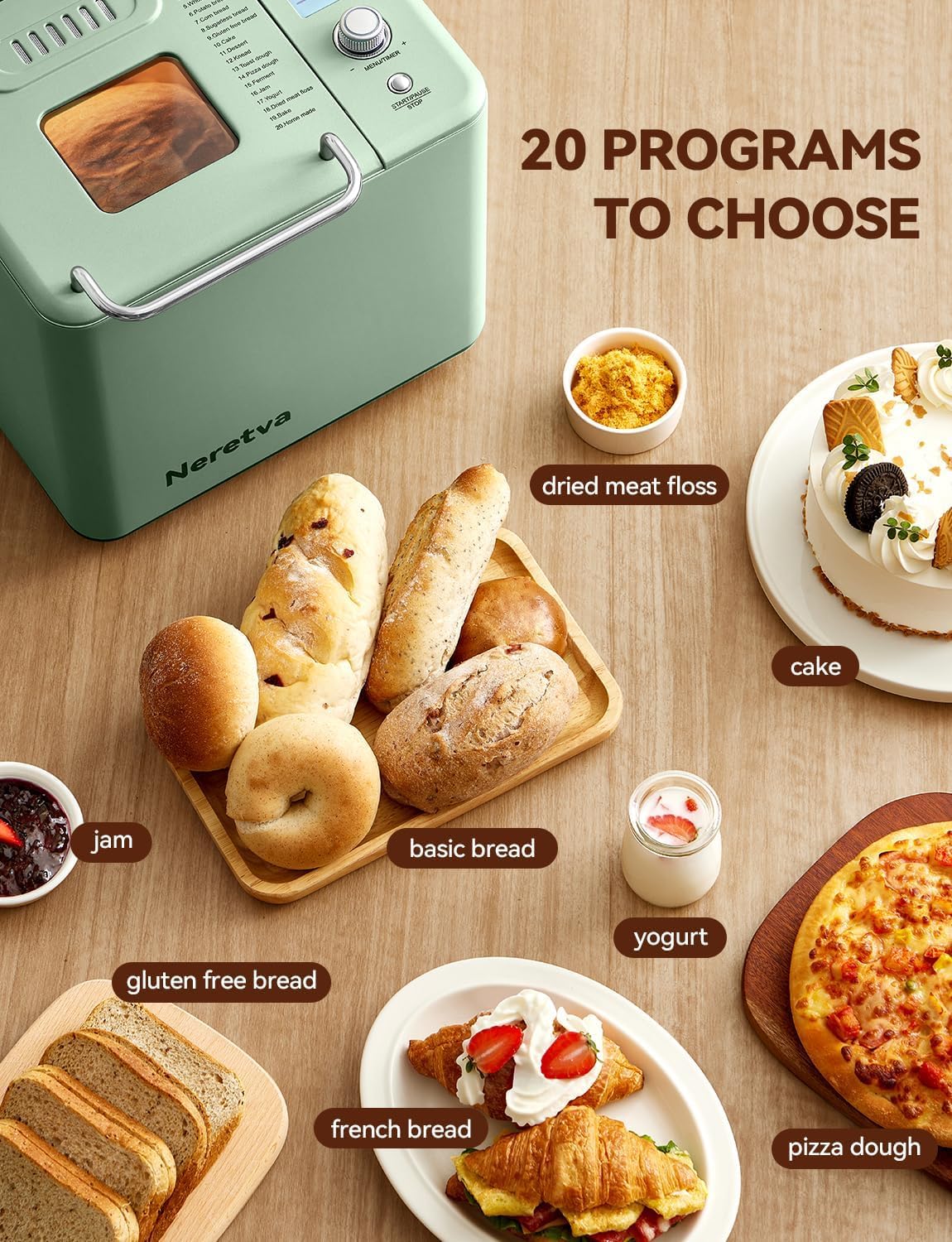 Neretva Bread Maker, 20-in-1 2LB Bread Maker Dual Heater Bread Maker Automatic with Non-Stick Ceramic Pan