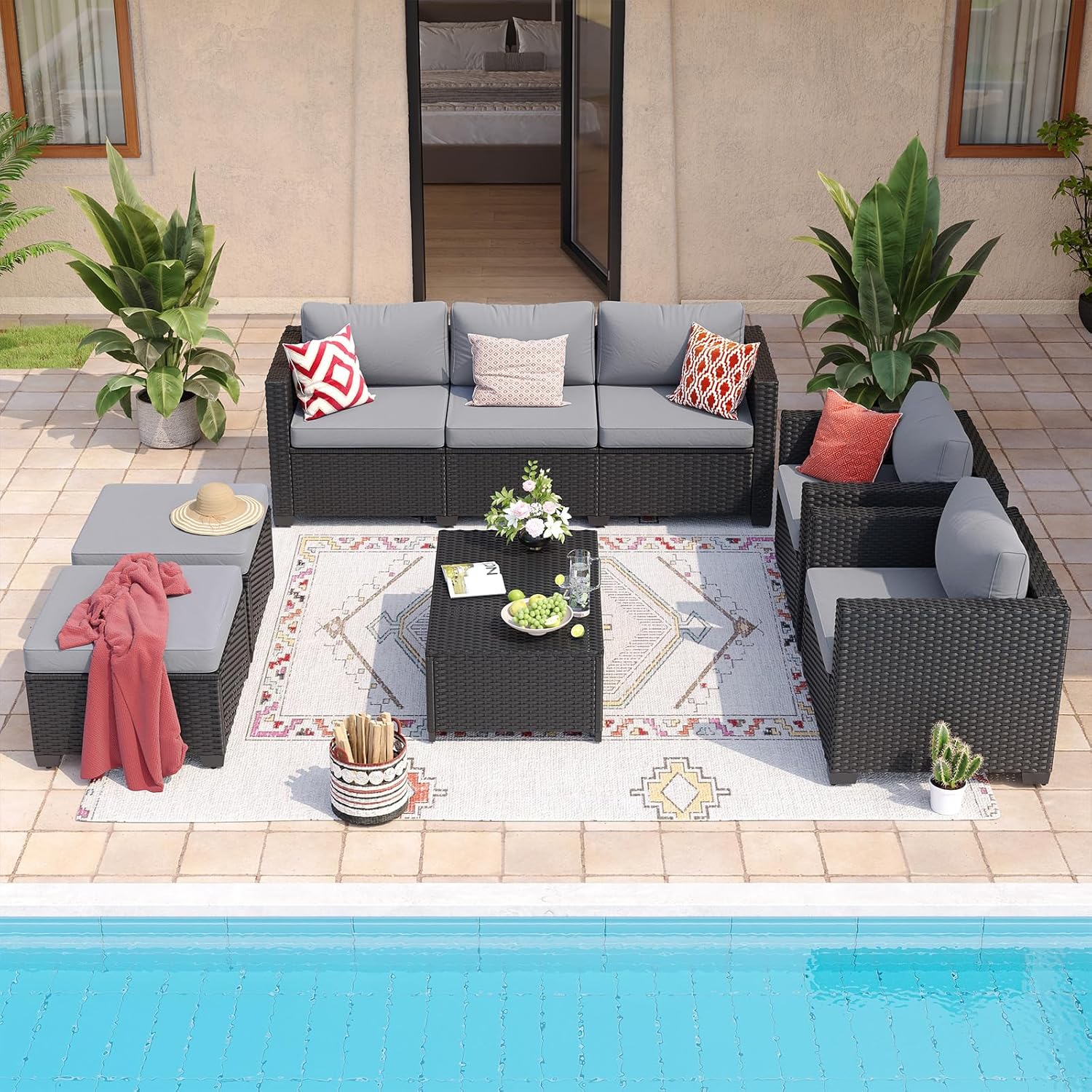 Aoxun 8 Piece Outdoor Patio Furniture Set 7 Seats, Outdoor Sectional,Grey