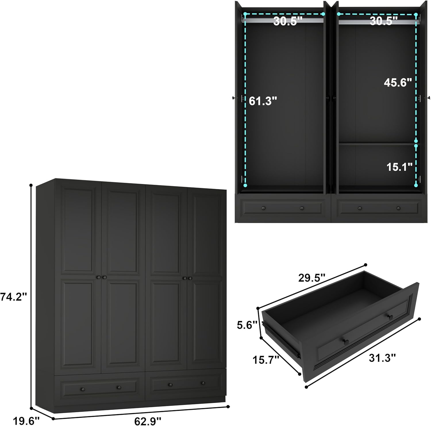 Armoire Wardrobe Closet with Drawers: 74