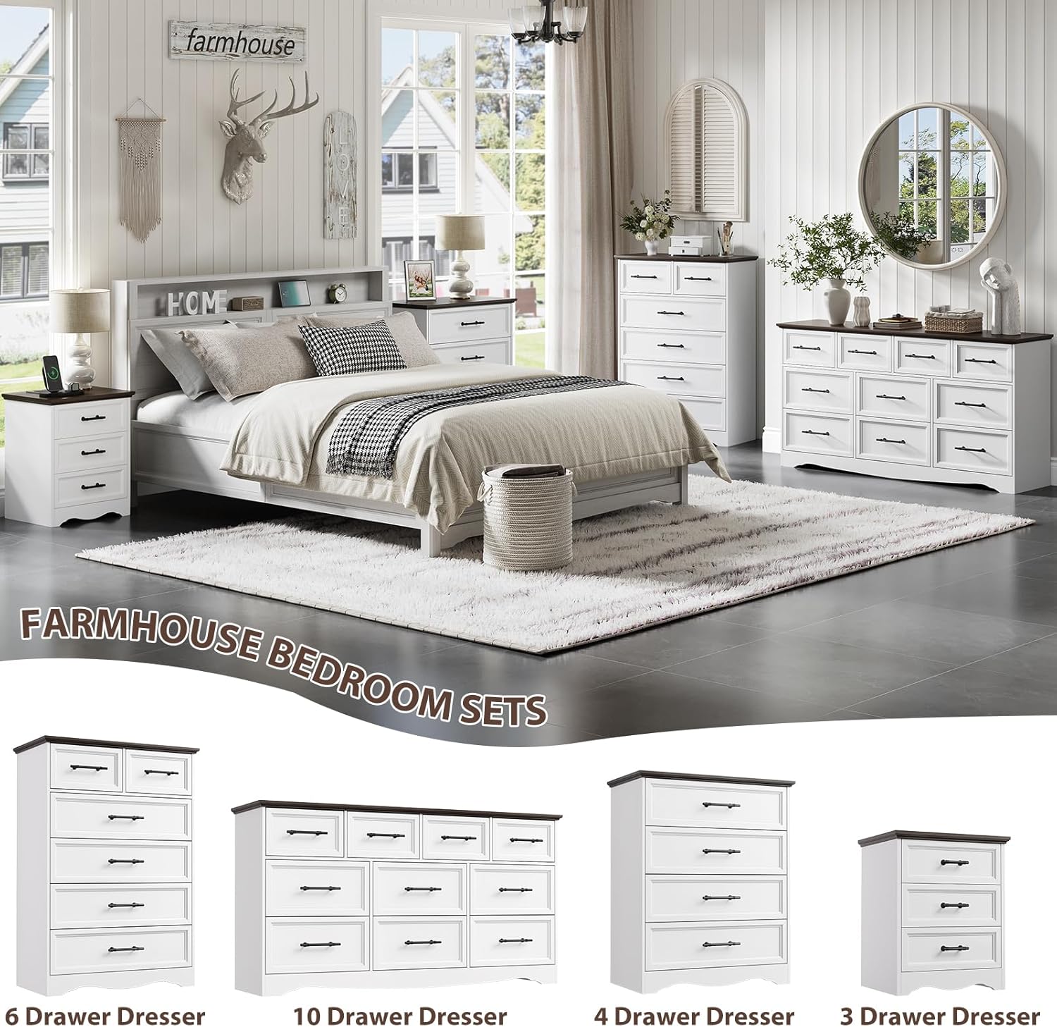 Bedroom Set, 3 Pieces Bedroom Furniture Set, Wood 10 Drawer Dresser and 3 Drawers Nightstands with Charging Station, Farmhouse Storage Organizer Cabinet for Bedroom, White