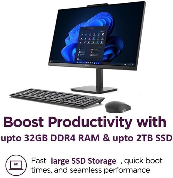Lenovo V100 23.8 Inch FHD All-in-One Desktop Computer, Intel N100 Processor, 8GB RAM, 512GB SSD, Wi-Fi 6, Bluetooth 5.2, Windows 11 Home