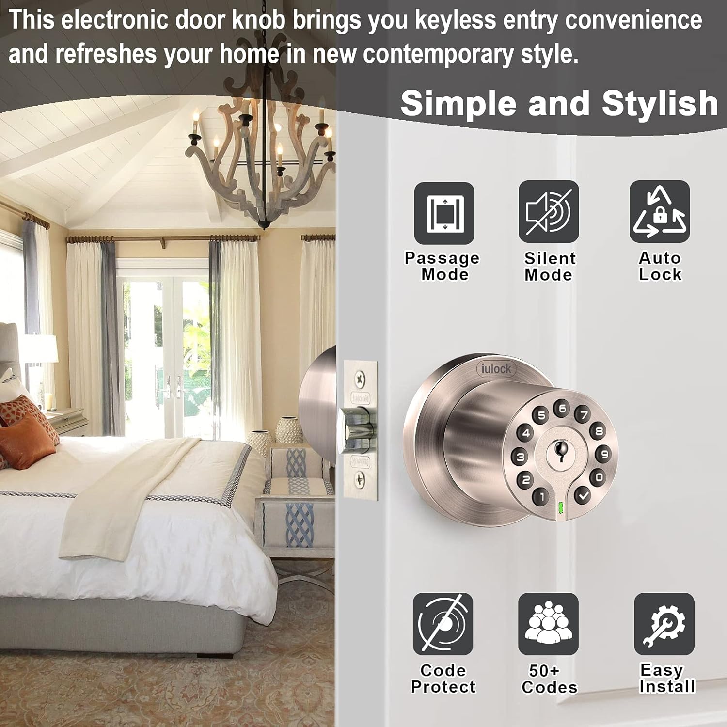 iulock IU-20 Code Door Lock, Electronic Door Knob with Keypad and Same Key, Auto Lock, Waterproof, Passage Function, Long Battery Life, Easy to use and Install for Office/Warehouse/Bedroom/Garage