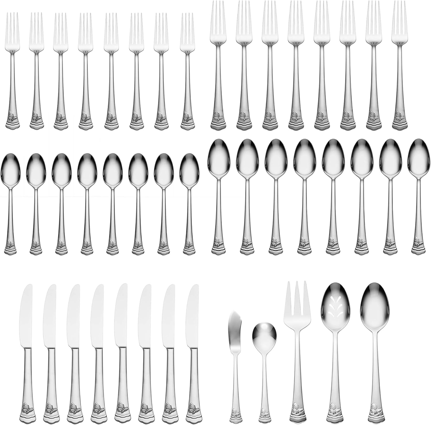 Lenox Silverware Set, Butterfly Meadow II Mirror 65-Piece Flatware Set, Service For 12, 18/10 Stainless Steel, Dishwasher Safe, Cutlery Sets, Utensils Sets, Knives Spoons & Forks (Silver, 65 Pieces)