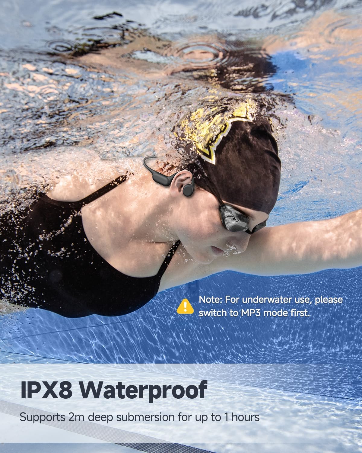 PSIER Bone Conduction Headphones IPX8 Waterproof Swimming Headphones Open Ear Headphones with MP3 Mode 32GB Memory Up to 8 Hours Playtime Bluetooth 6.0 Ear Buds Secure Fit for Running and Fitness