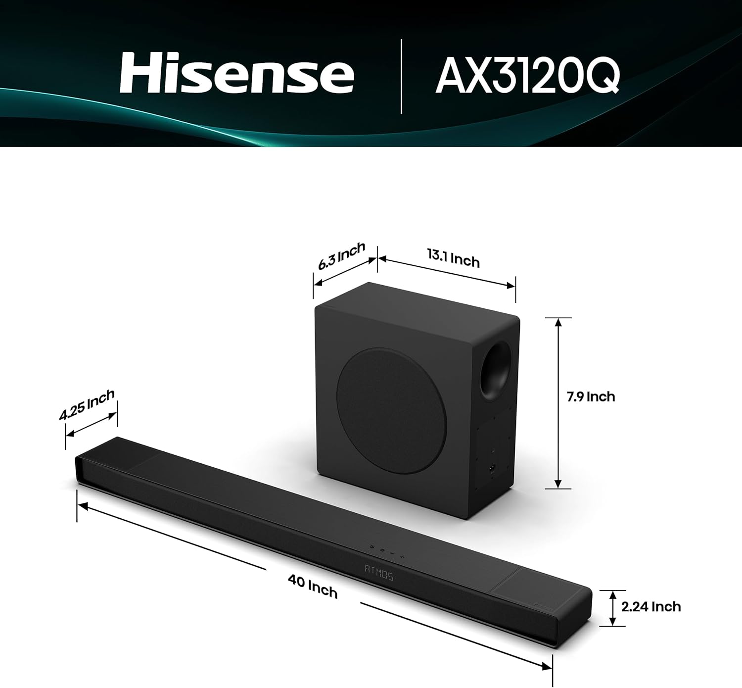 Hisense AX3120Q 3.1.2Ch Sound Bar with Wireless Subwoofer, Dolby Atmos, DTS:X, Bluetooth 5.3, Roku TV Ready, HDMI/AUX/ARC/Optical/USB, EzPlay 3.0, 7 EQ Modes, Hi Concerto, Black