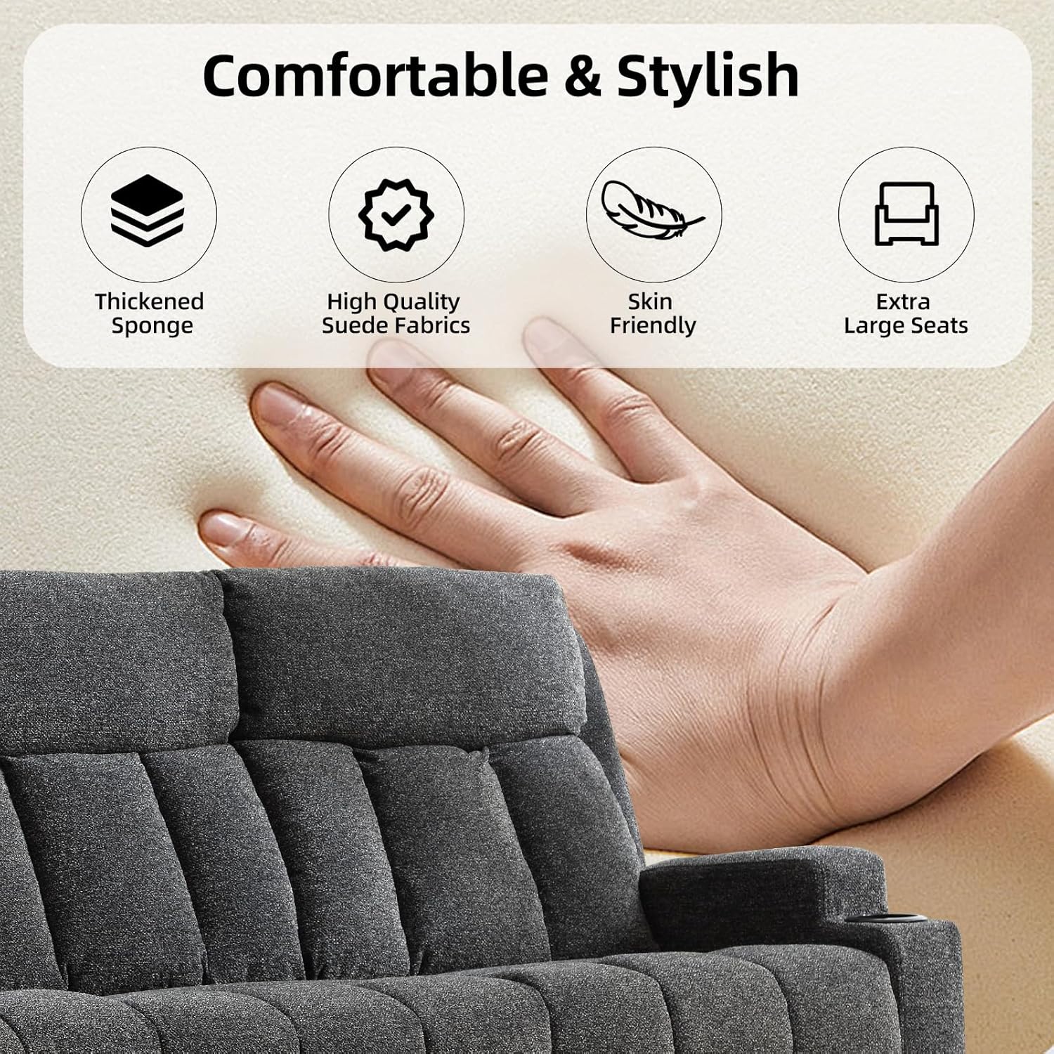 CANMOV Manual Recliner Sofa Set, Fabric Recliner Living Room Furniture Sets, 1 Seat Reclining Chair and a Loveseat Furniture Set with Side Pockets and Cup Holders, Dark Grey
