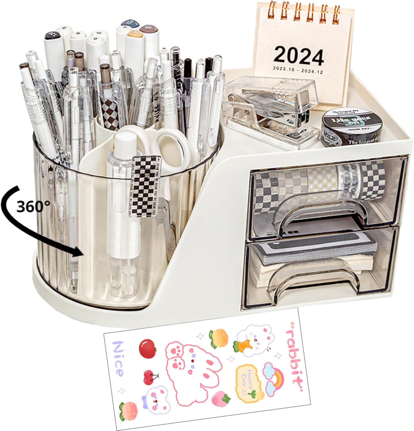 Rotating Desk Organizer, Large Capacity Cosmetic Display Case with Drawer, 360-Degree Rotating Pen Holder, Art Supply Storage Box Caddy for Office and Home