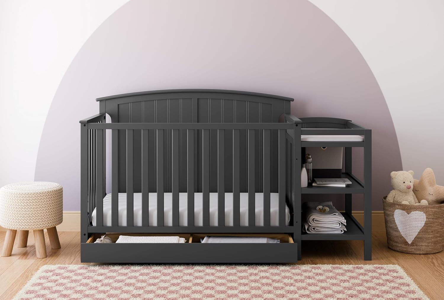 Storkcraft Steveston 5-in-1 Convertible Crib & Changer – GREENGUARD Gold Certified, Fits Standard Crib Mattress, Converts to Toddler Bed and Full Bed, 4 Adjustable Mattress Heights (Gray)