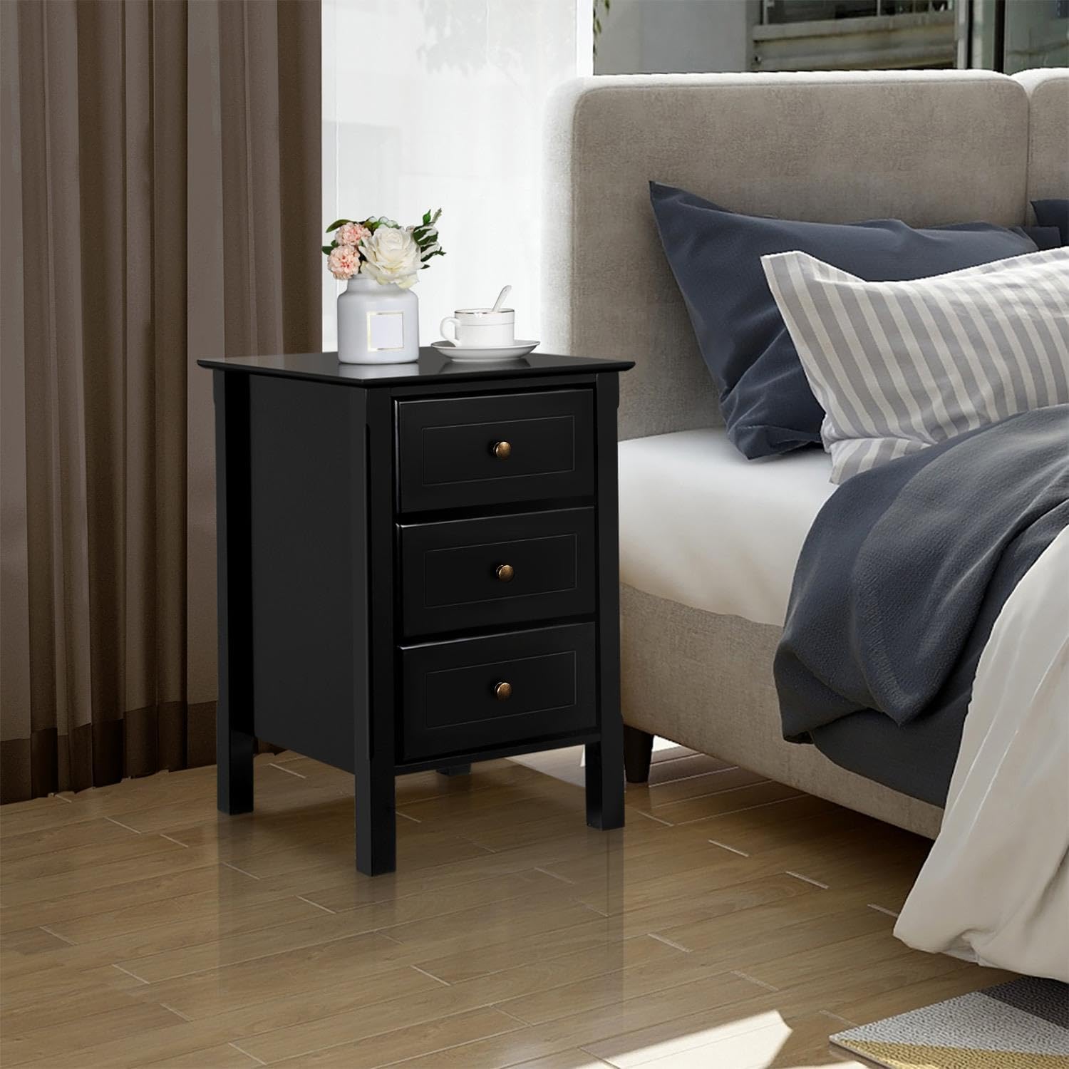Yaheetech Nightstand Set of 2,Wooden 3-Drawer Bedside Table with Solid Wood Legs, Bedside Cabinet Cupboard Storage Organizer for Bedroom Home Office Small Space, Easy Assembly, Black