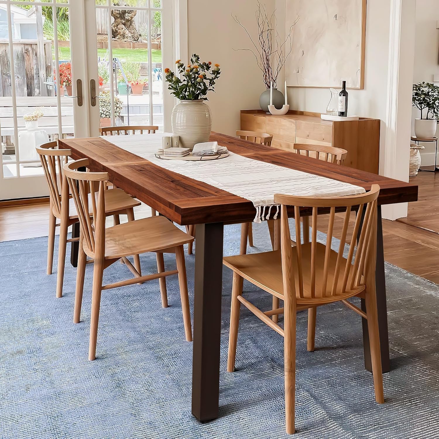 Devoko Home Acacia Wood Dining Table 6-Person Indoor Outdoor Table with Iron Legs, Sandblast Finish, Natural Stained, Rustic Metal, 69 * 33 * 30 inch (Walnut Brown)