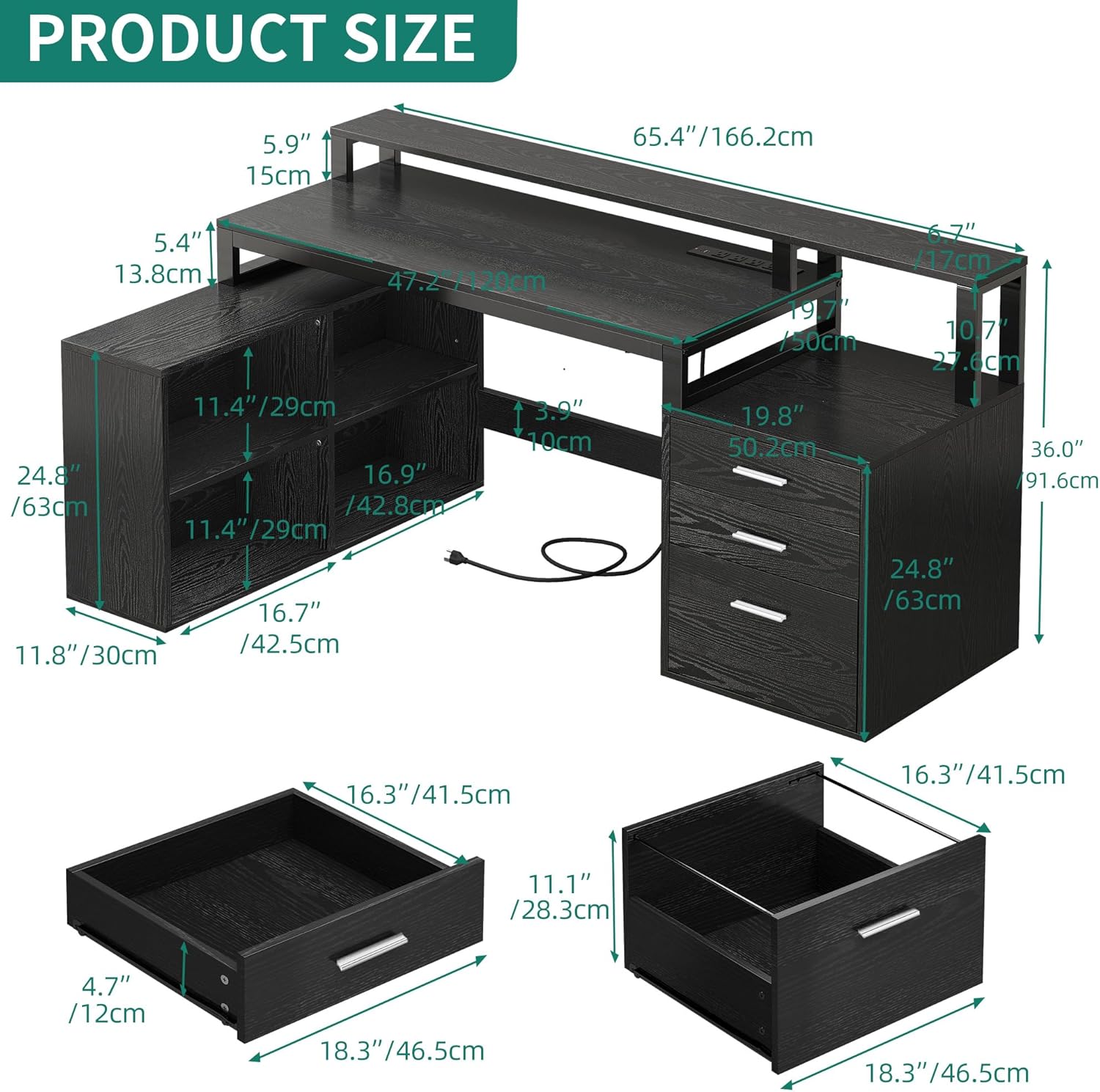 YITAHOME L Shaped Desk with 3 Drawers, 65