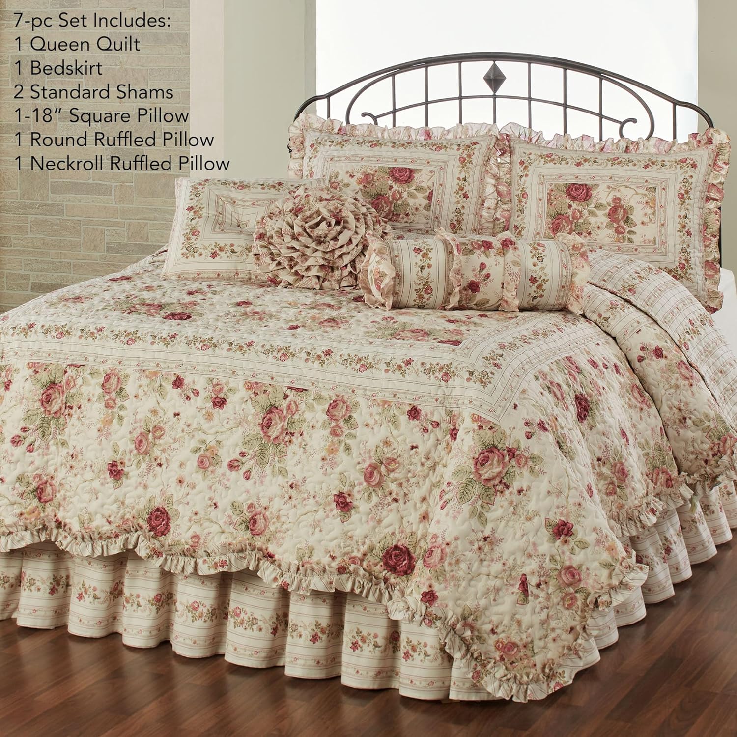 Touch of Class Heirloom Rose 7-Piece Queen Bed Set | Vintage Floral Bedding with Oversized Quilt, Bedskirt, Shams & Decorative Pillows | Vermicelli Quilted Cottage Romance Bedroom Decor