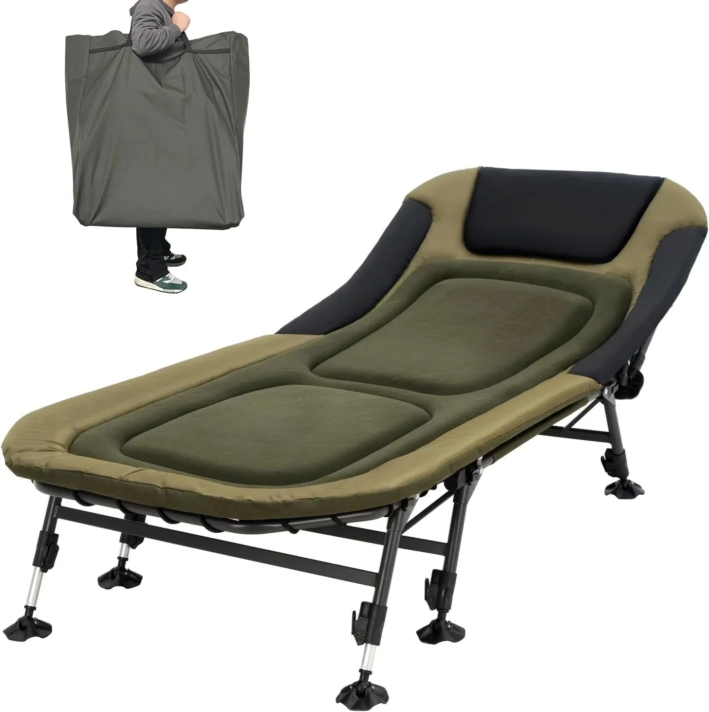 Camping Cots for Adults 330Lbs with Carry Bag, Heavy Duty Folding Bed with Soft Padded Cushion, Portable Military Cot for Hunting, 180° Adjustable Reclining Outdoor Lounger