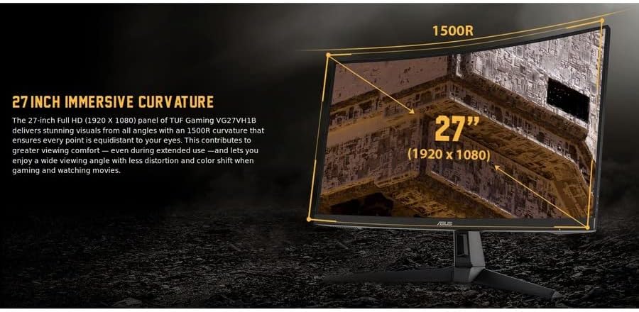 ASUS TUF Gaming VG27VH1B 27” Curved Monitor, 1080P Full HD, 165Hz (Supports 144Hz), Extreme Low Motion Blur, Adaptive-sync, FreeSync Premium, 1ms, Eye Care, HDMI D-Sub, Black