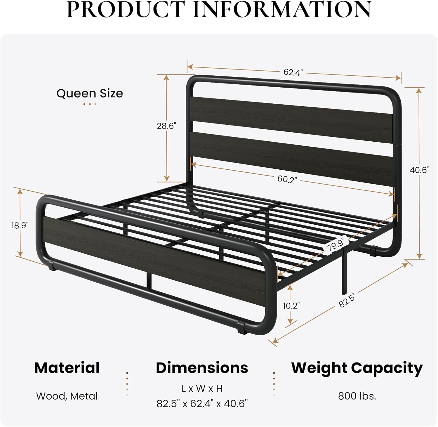 SHA CERLIN Queen Size Metal Bed Frame with Wooden Headboard and Footboard, Heavy Duty Oval-Shaped Platform Bed with Under-Bed Storage, Noise Free, No Box Spring Needed, Black