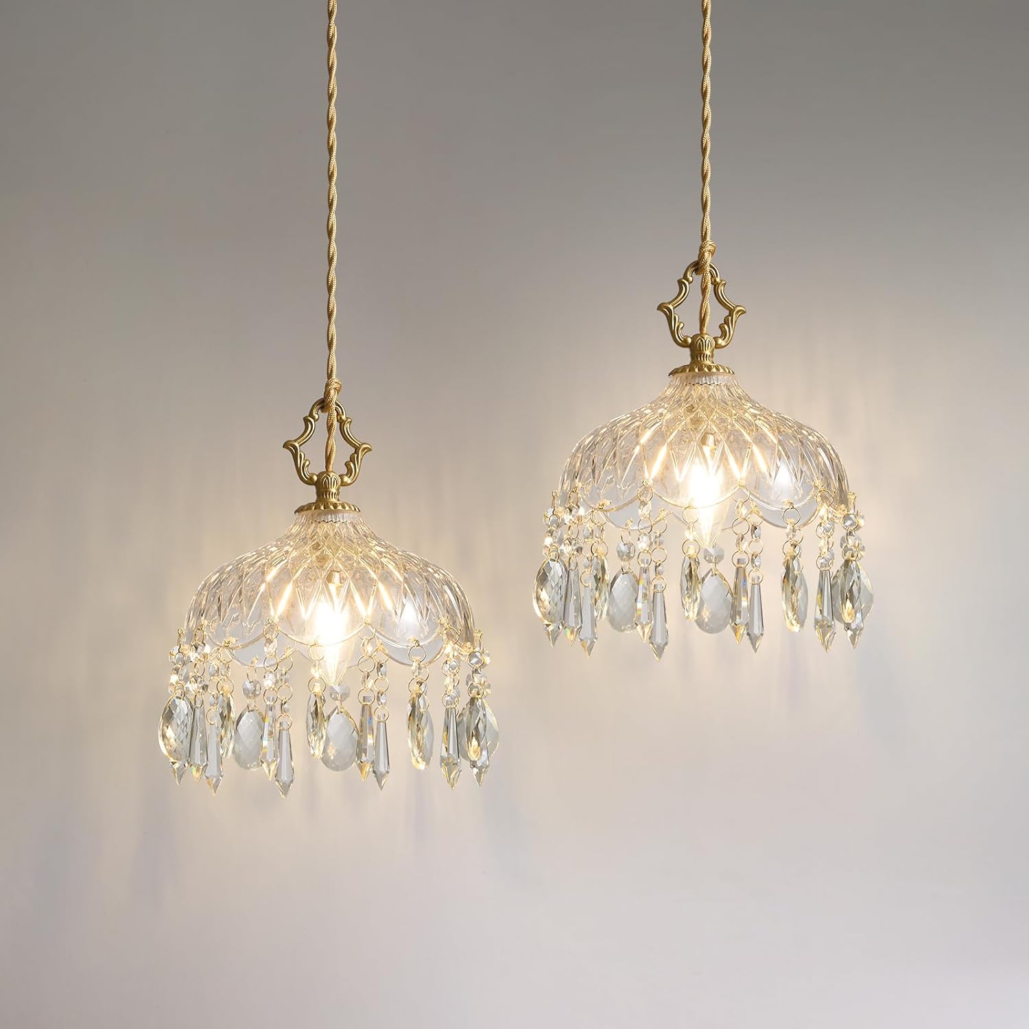 Vintage Small Crystal Pendant Lights - Brass Gold Clear Glass Mini Adjustable Hanging Kitchen Island Chandelier set of 2,Unique Flower Art Deco for Bathroom Bar Bedroom Dining Room Hallway Closet Sink