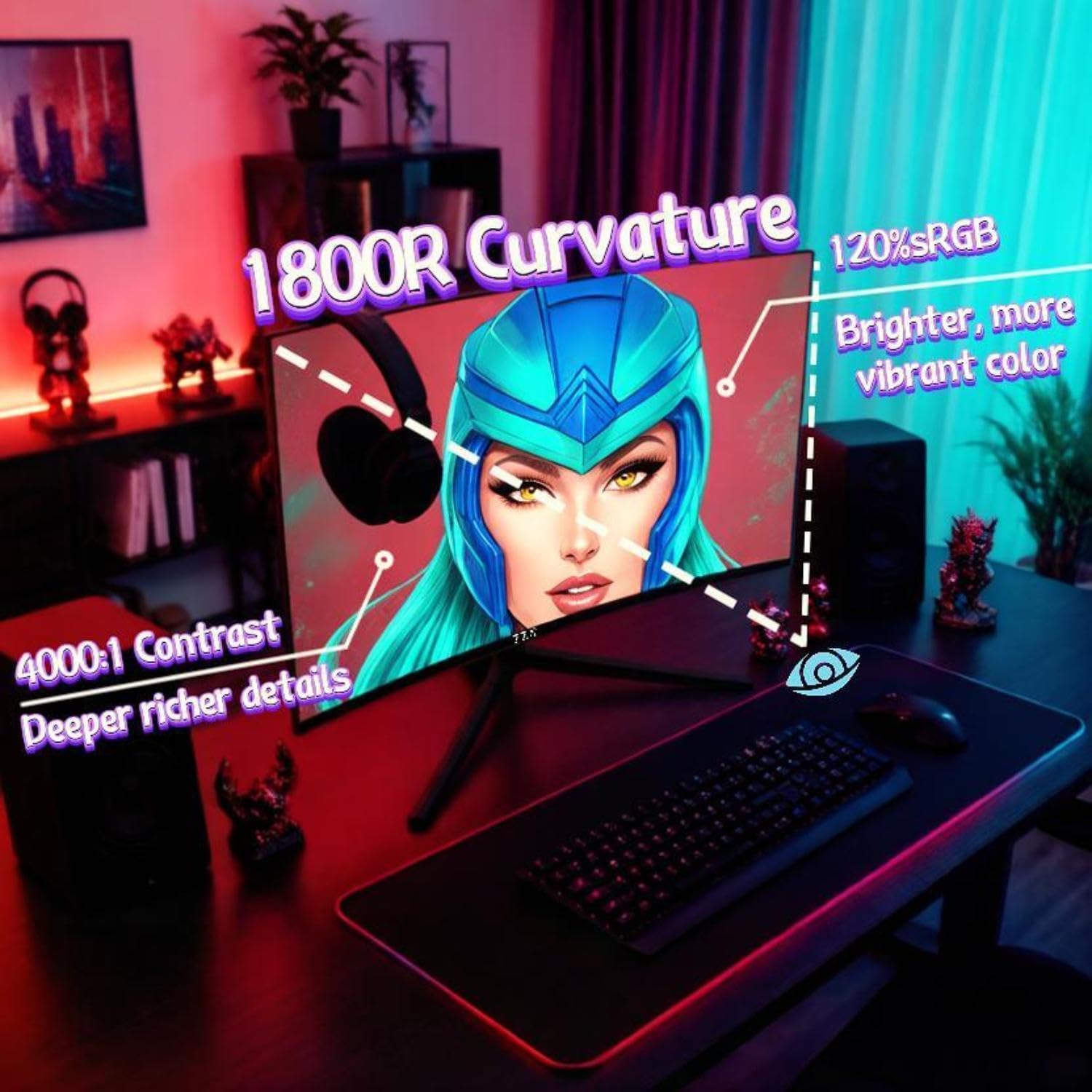 ZZA 27 Inch Curved Gaming Monitor 200Hz, Full HD 1080P VA Panel Computer Monitor, 1ms Response Time, FreeSync, HDMI & DP Port, HDR, Frameless, VESA Mountable