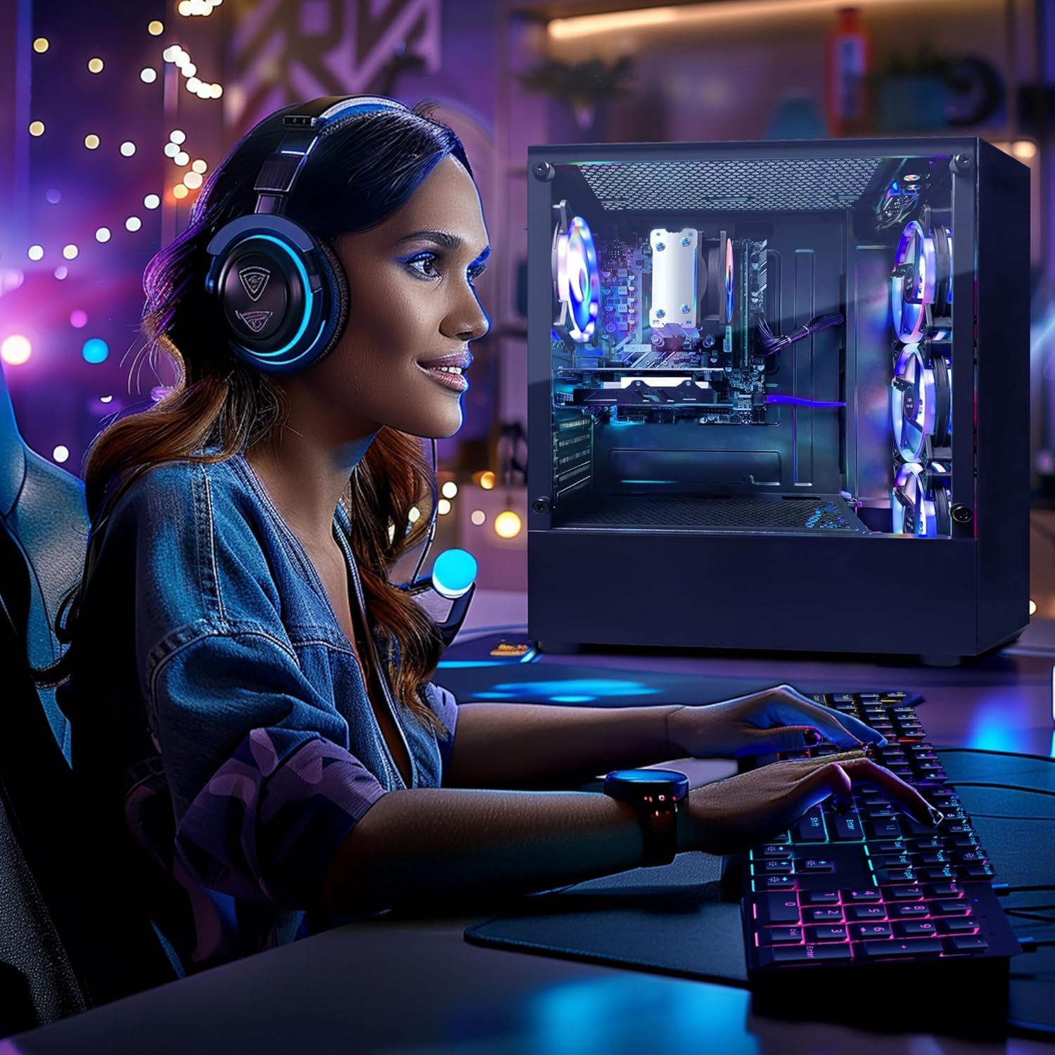 STGAubron Gaming PC Computer Desktop, AMD Ryzen 3 3200G 3.6G, Radeon RX 590 8G, 16G DDR4, 512G SSD, WiFi 6, BT 5.0, RGB Fan x4, Windows 11 Home