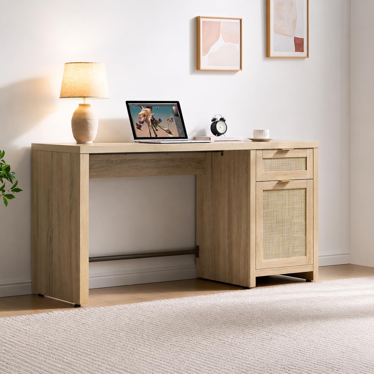 SICOTAS Rattan Home Office Desk with Drawer, 59