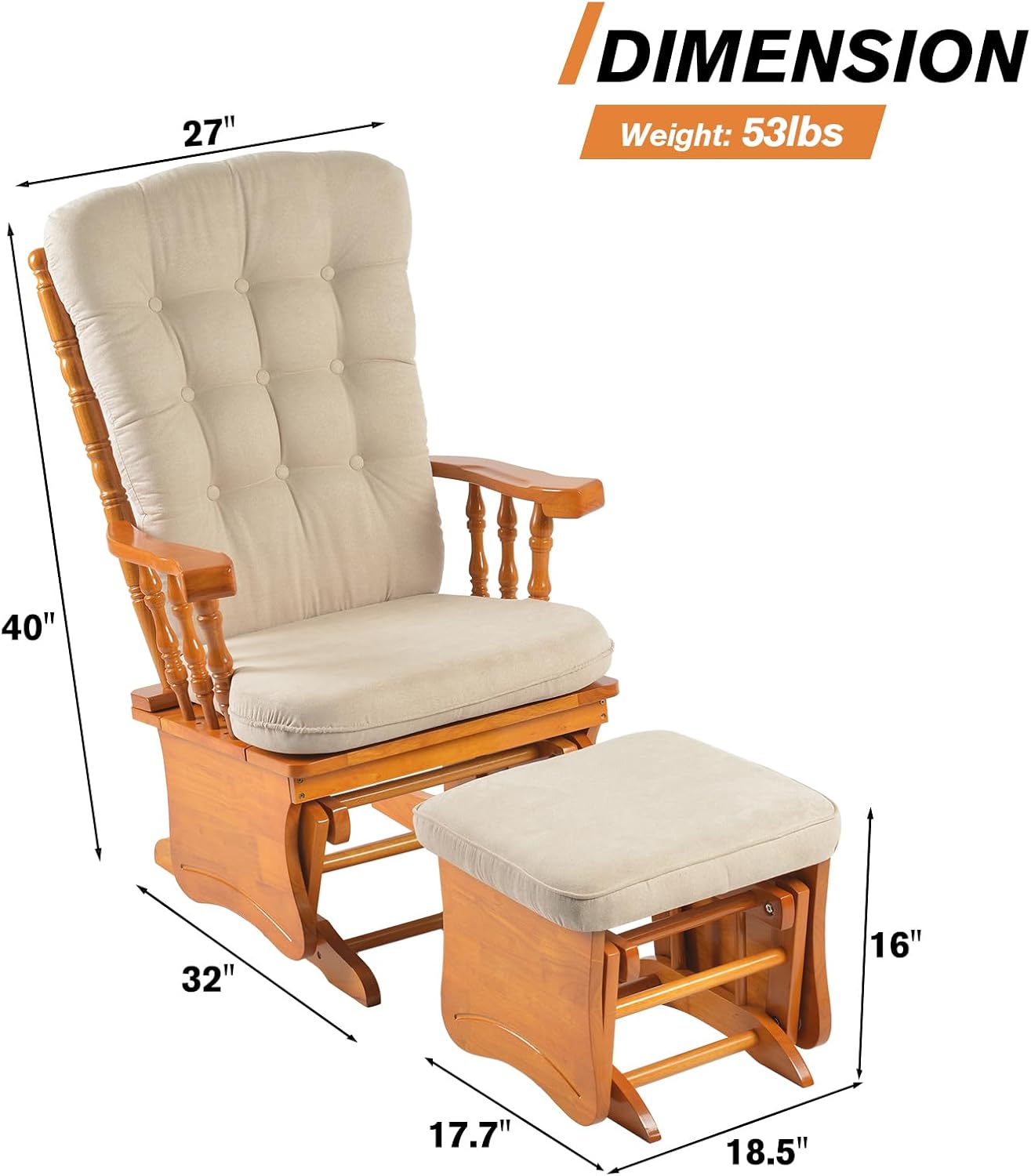 Solid Wood Glider Rocking Chair and Ottoman Set, Rustic Nursery Glider Rocker with Padded Cushion, Smooth Rocking Motion Indoor Living Room Nursing Napping Reading, Honey Beige