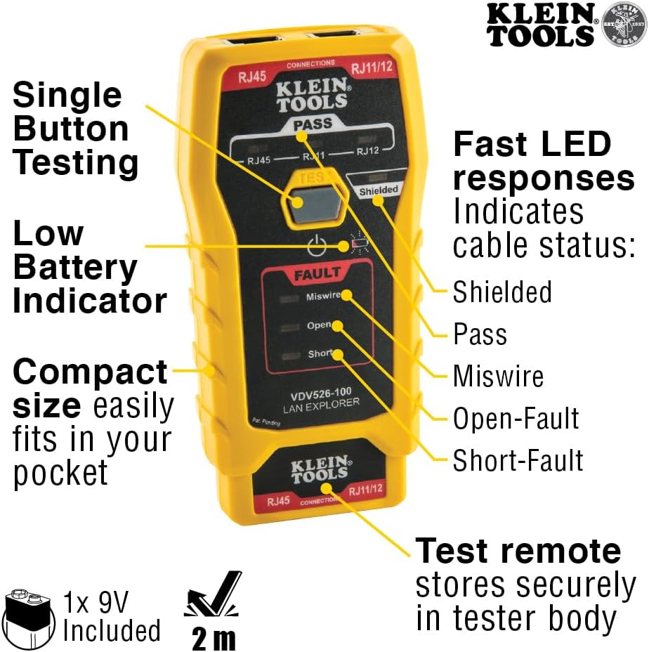 Klein Tools 80093 Cable Tester, VDV LAN Kit with LAN Tester, Pass Thru Crimper, CAT6/CAT5e Plugs and Strain Relief Boots, 5-Piece