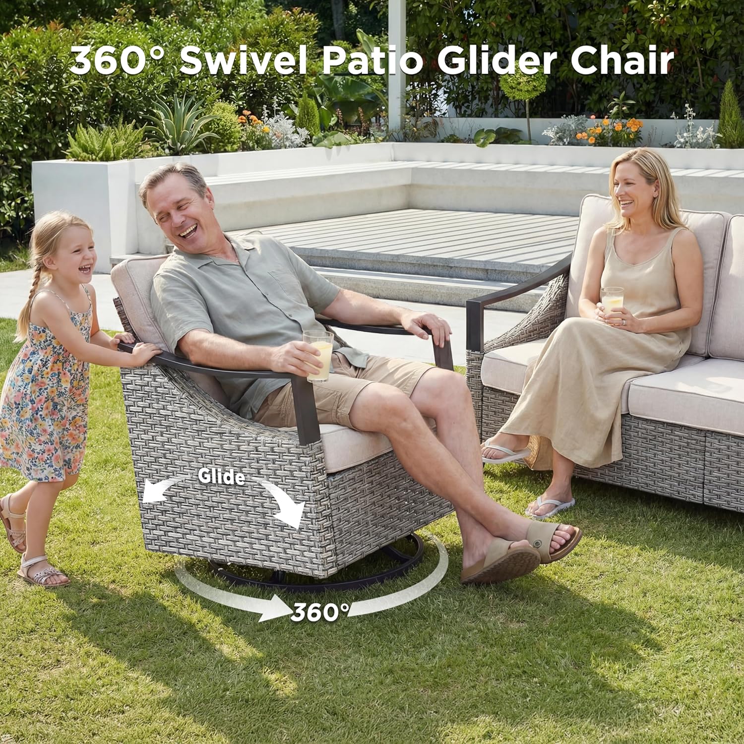 5 Pieces Wicker Outdoor Patio Furniture Set-All-Weather Wicker Patio Swivel Glider Chairs with 2 Ottoman and Glass Side Table, Outdoor Patio Conversation Sets for Porch Balcony Deck Beige/Grey