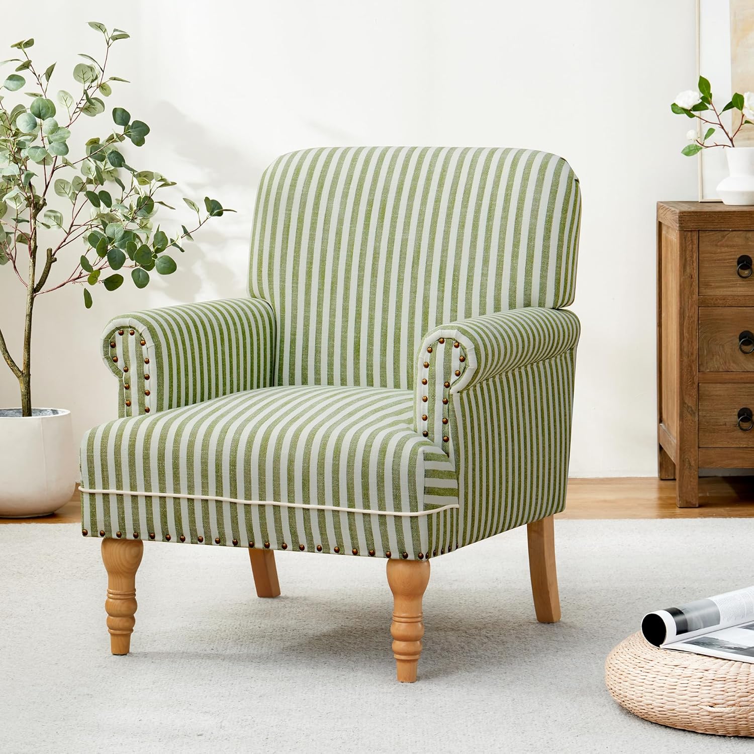 HUIMO Linen Fabric Accent Chair, Mid-Century Modern Upholstered Armchair with Solid Wood Legs, Comfy Reading Club Chair for Living Room Bedroom (1, Green and White Stripe)