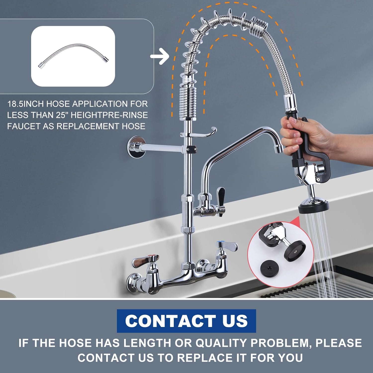 Commercial Kitchen Faucet Wall Mount with Pre-Rinse Sprayer 8 Inch Center Wall Mount Kitchen Sink Faucet with 9.6