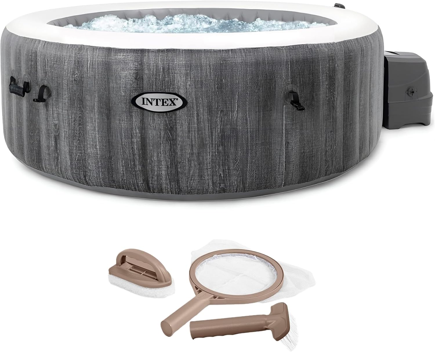 INTEX 28439EP PureSpa Plus Greywood Inflatable Hot Tub Bubble Jet Spa and Maintenance Accessory Kit with Brush, Skimmer and Scrubber
