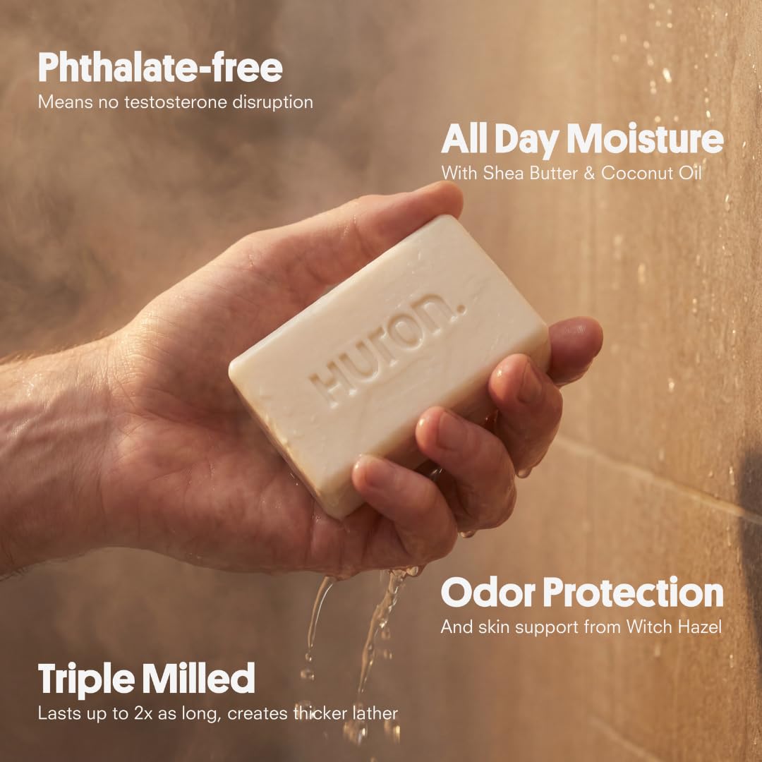 Huron Bar Soap for Men and Women, Hydrating Cleansing Bars with Citrus + Eucalyptus Scent, Moisturizing Shower Soap, Phthalate-Free, Non-Toxic Clean Ingredients for Daily Body Care, 5 oz (Pack of 3)