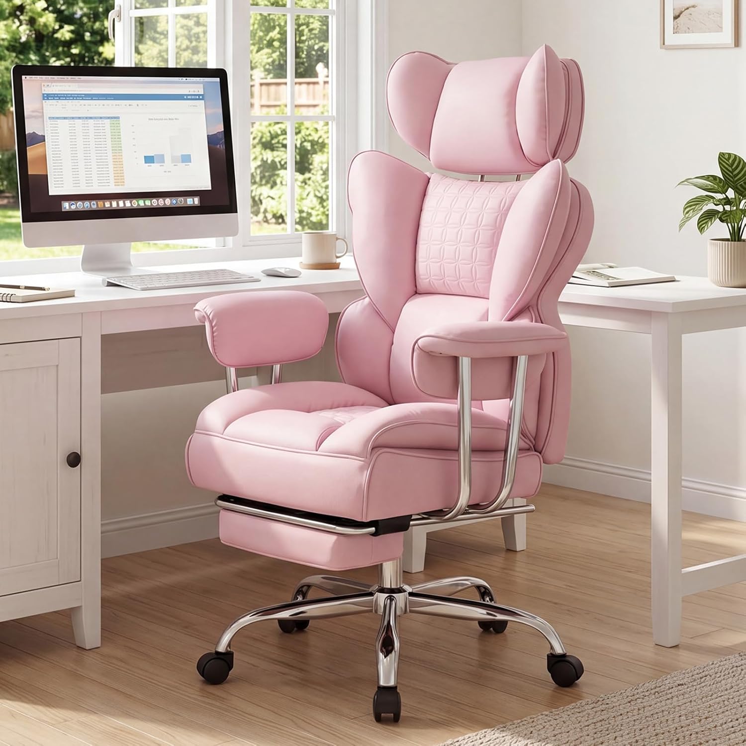 DUMOS Big and Tall Office Chair 350 LBS, Scratch-Resistant PU Leather Executive Office Desk Chair with Footrest, Ergonomic Reclining Computer Chair with Pocket Spring Support for Home Office, Pink