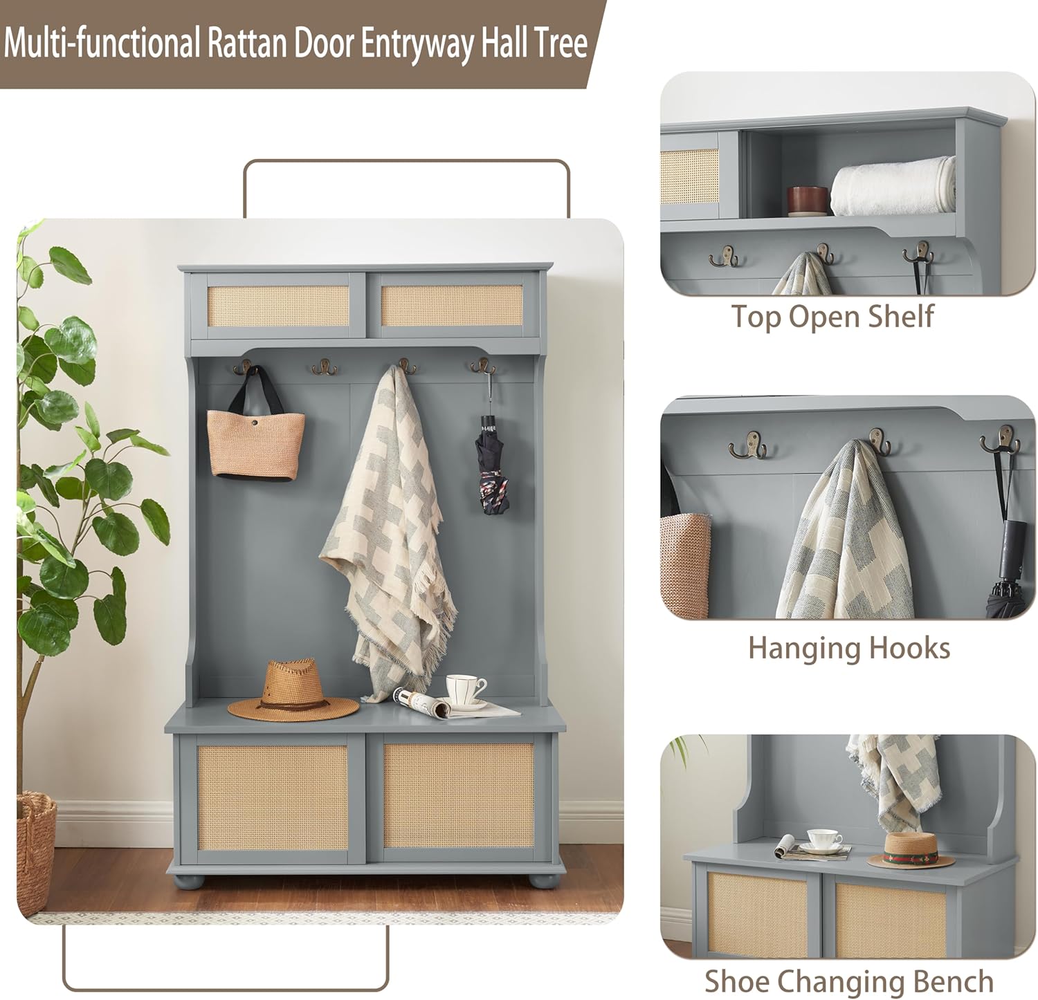 Wacfc Coat Hall Tree with Rattan Door, Clothes Hanger Hall Tree, Clothes Rack with Shoe Storage Bench, Coat Hook and Storage Open Shelf for Entryway Living Room, Gray