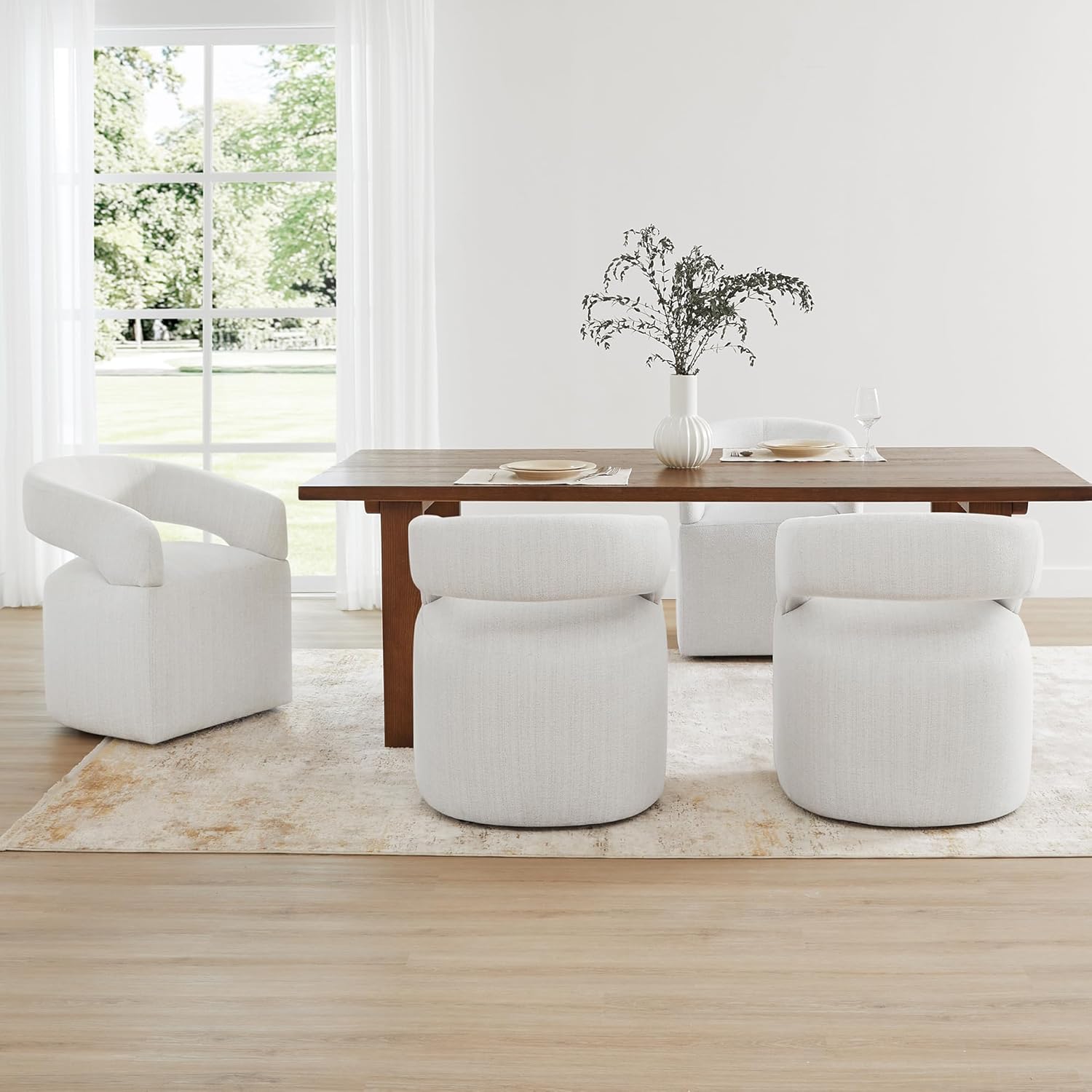 KISLOT Upholstered Dining Chairs Set of 4, Modern Rolling Dining Chairs with Hidden Casters, Arm Kitchen Chairs with Linen Look Fabric, Padded Barrel Chairs for Dining Room, Kitchen, Bedroom, Linen