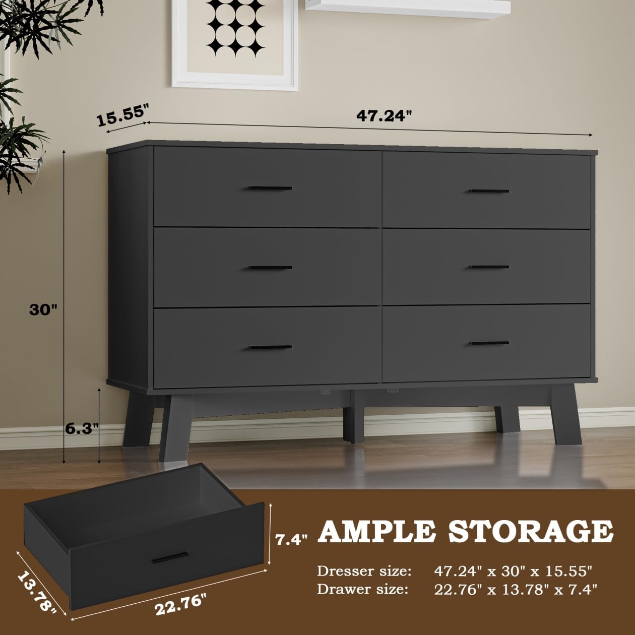 BORNOON Dresser for Bedroom with 6-Drawer, 47.2