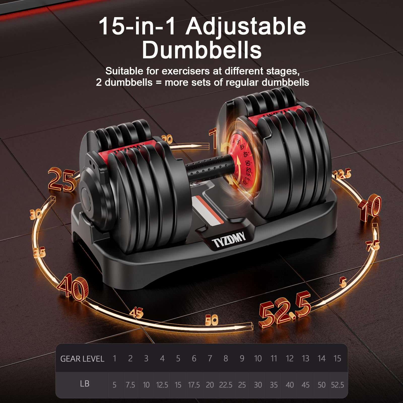 TYZDMY Adjustable Dumbbells Set 52.5 lbs - Free Weights Pair