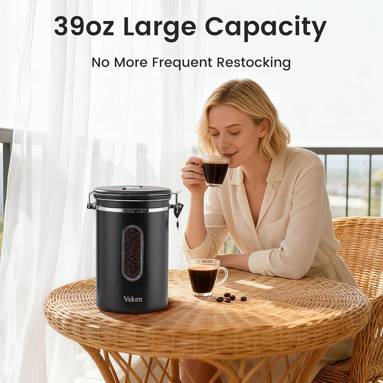 Veken Large Coffee Canister with Window, Kitchen Food Storage Airtight Stainless Steel Container for 2.2lbs Coffee Beans, Grounds, Rice,Tea, Flour, Cereal, Sugar Jars,Date Tracker and Scoop 39oz,Black