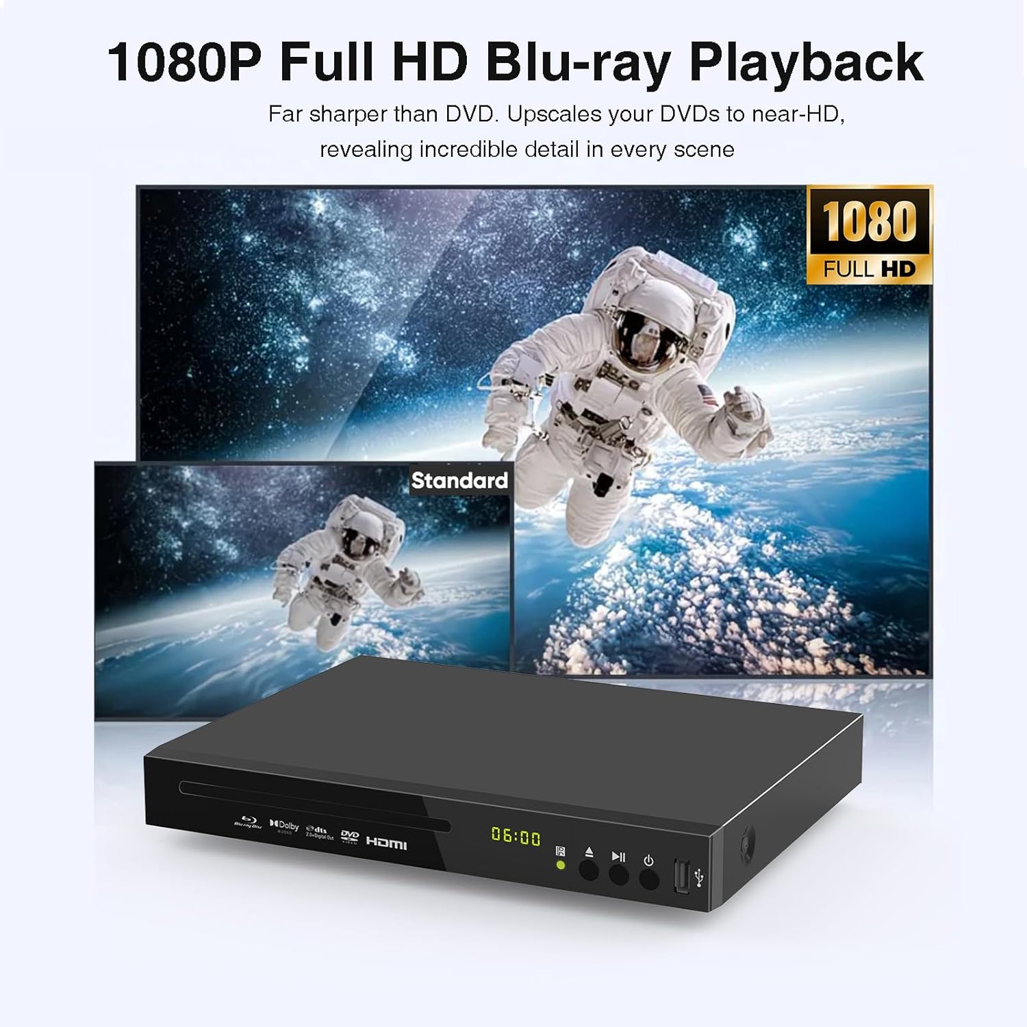 Blu Ray Player Dolby Digital TrueHD/DTS and 1080P Full HD, Plays Region A/1 Blu-Rays and Region Free DVDs, Supports 128GB USB Playback + HDMI/AV/Coaxial Output + Built-in NTSC/PAL with HDMI/AV Cable