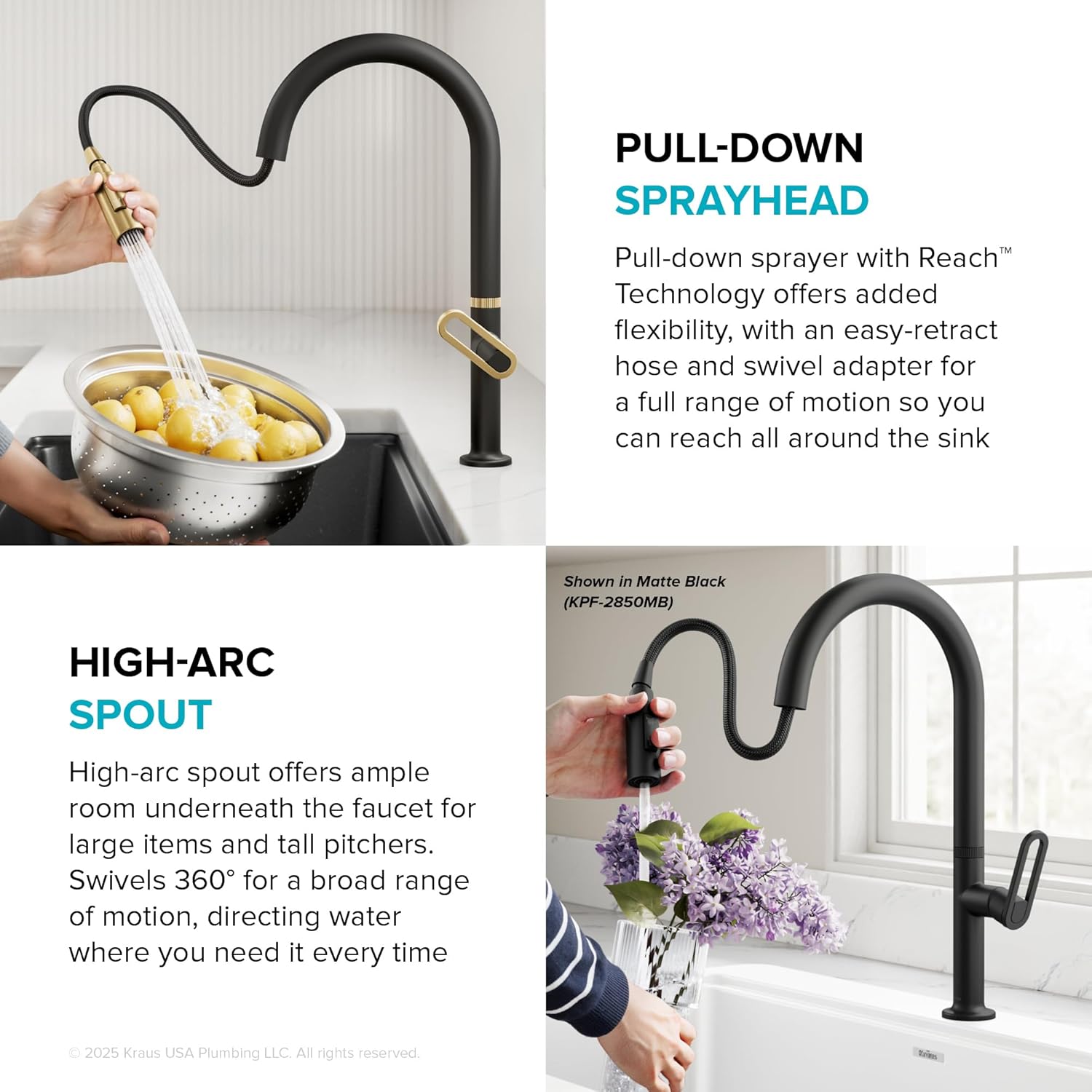 KRAUS Vetra 2-Function Single Handle Pull Down Kitchen Faucet in Spot-Free Brushed Brass/Matte Black, KPF-2850SFBBMB