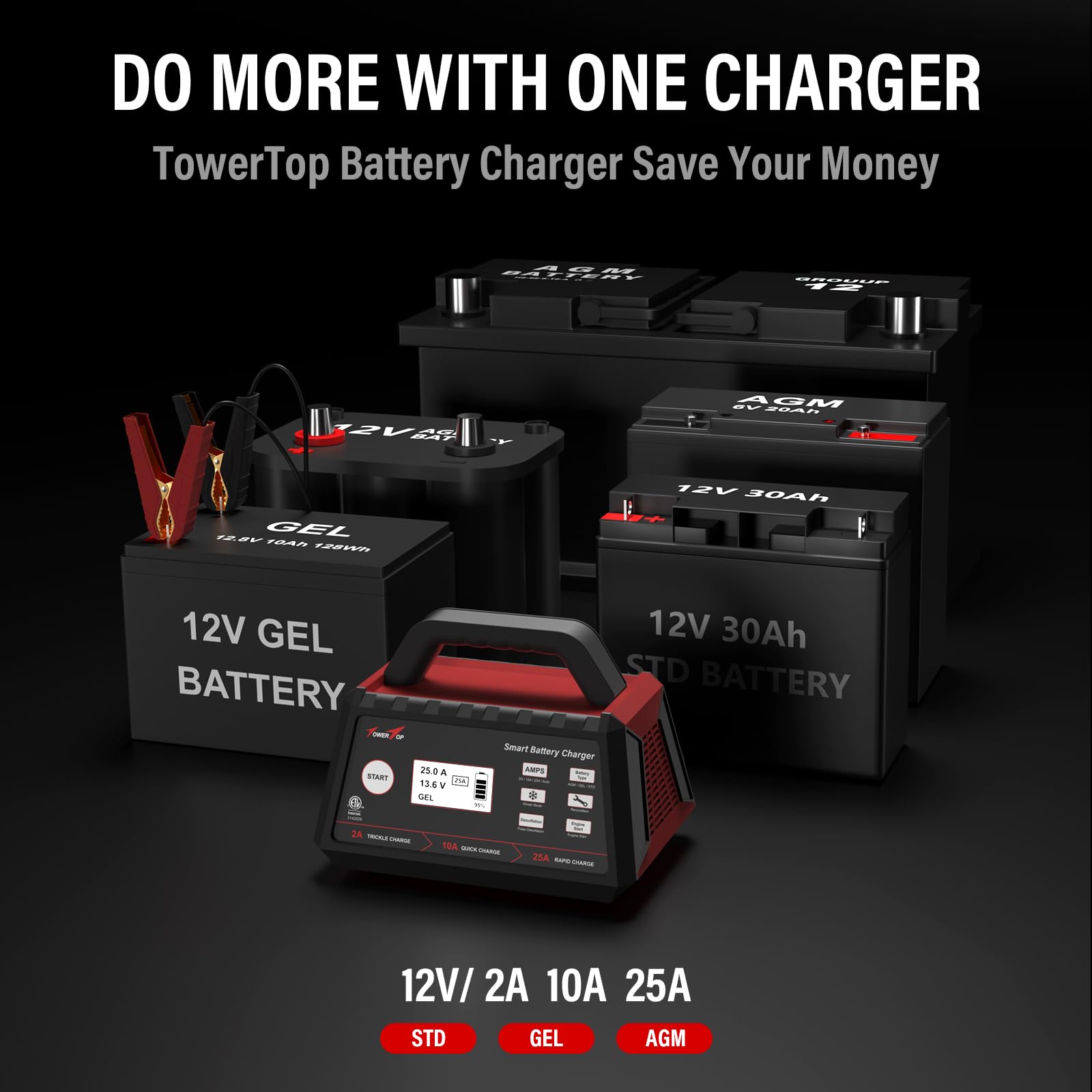 TOWERTOP 12V Smart Car Battery Charger & Maintainer 2/10/25A