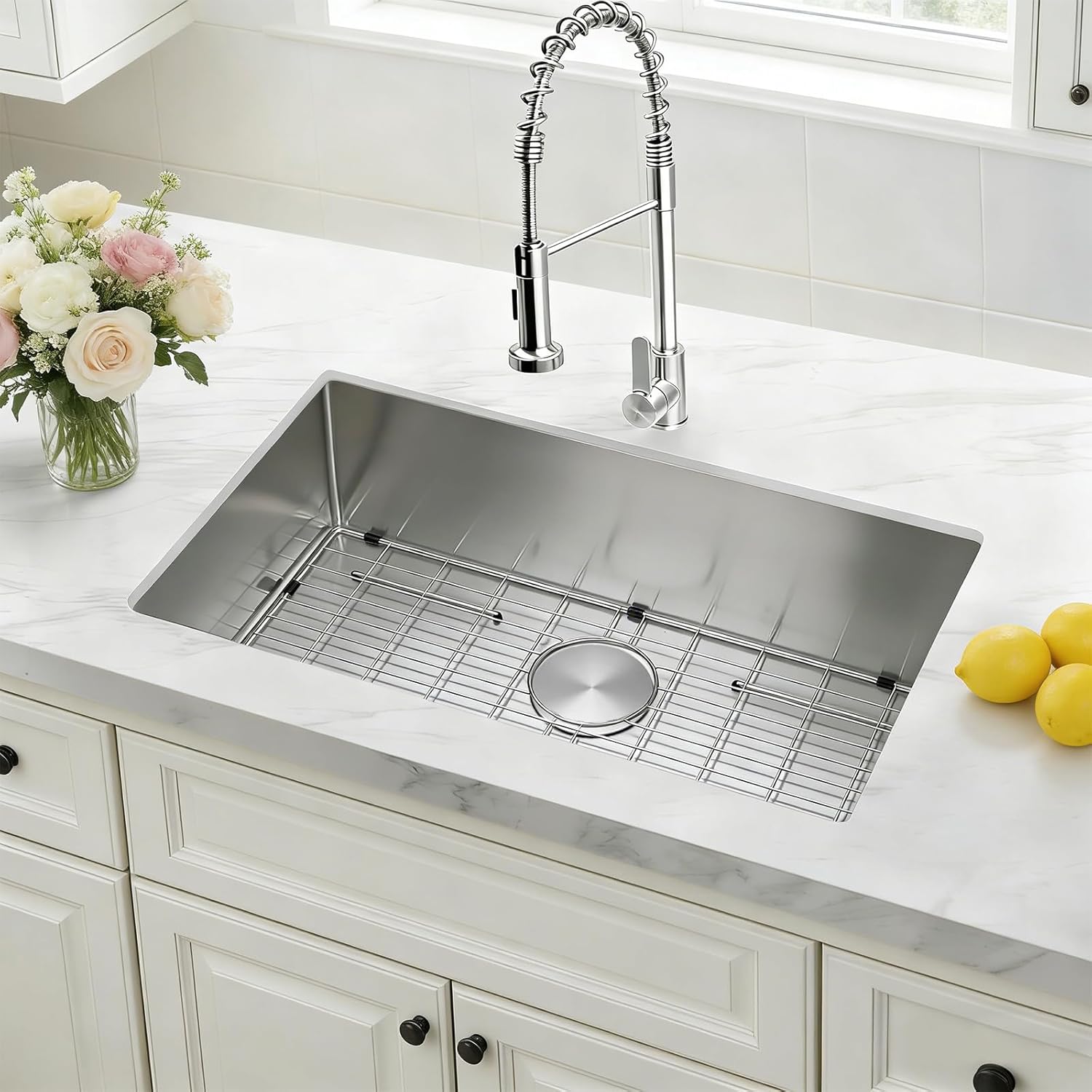 SANYCASA 32 Inch Undermount Kitchen Sink with Quiet Drain, Bottom Grid - 11 Gauge Stainless Steel Single Bowl