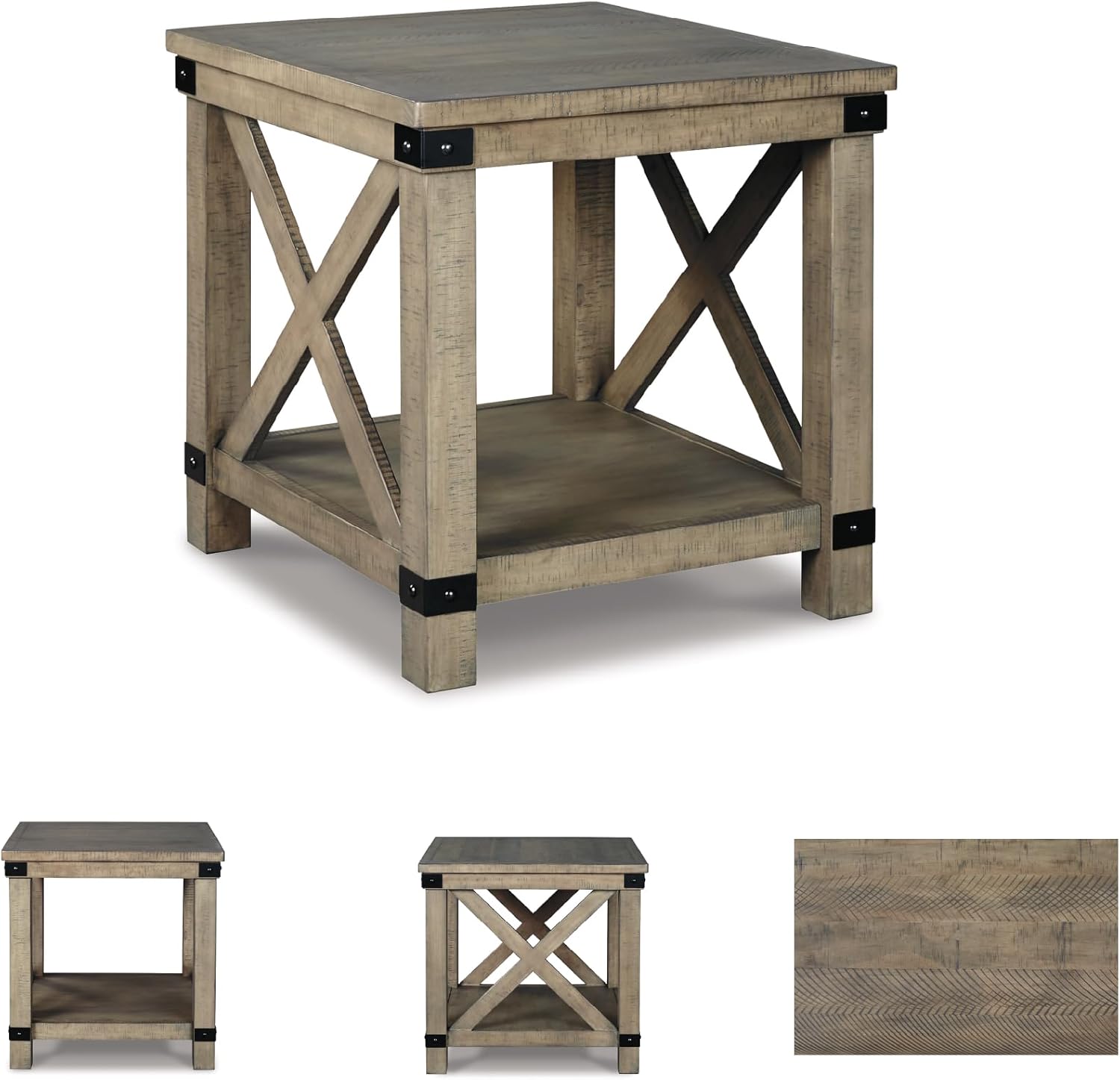 Signature Design by Ashley Aldwin Casual Farmhouse Rectangular End Table with Crossbuck Details, Metal Bracket Accents, Wood, 25