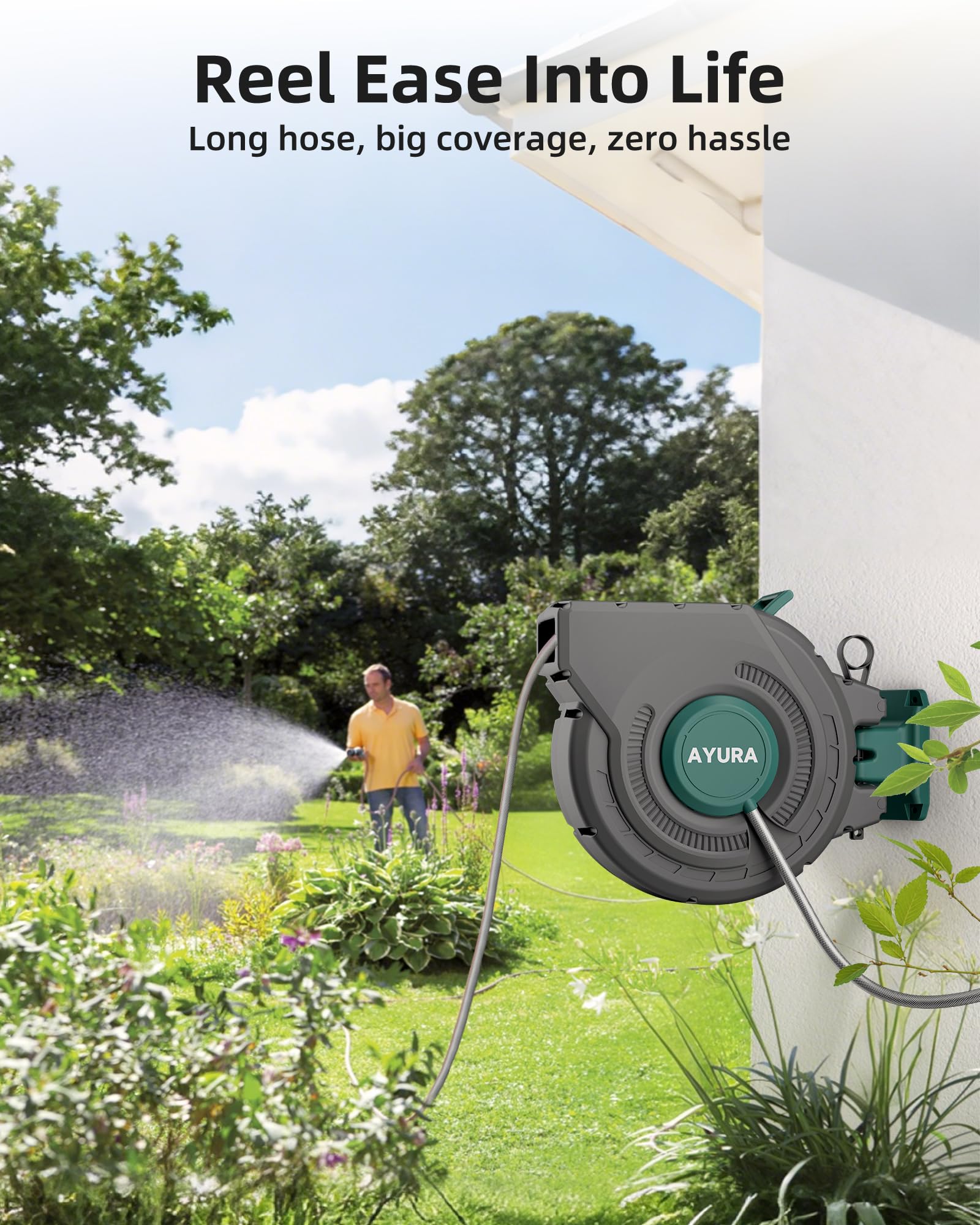 AYURA Retractable Garden Hose Reel 100ft - Heavy Duty