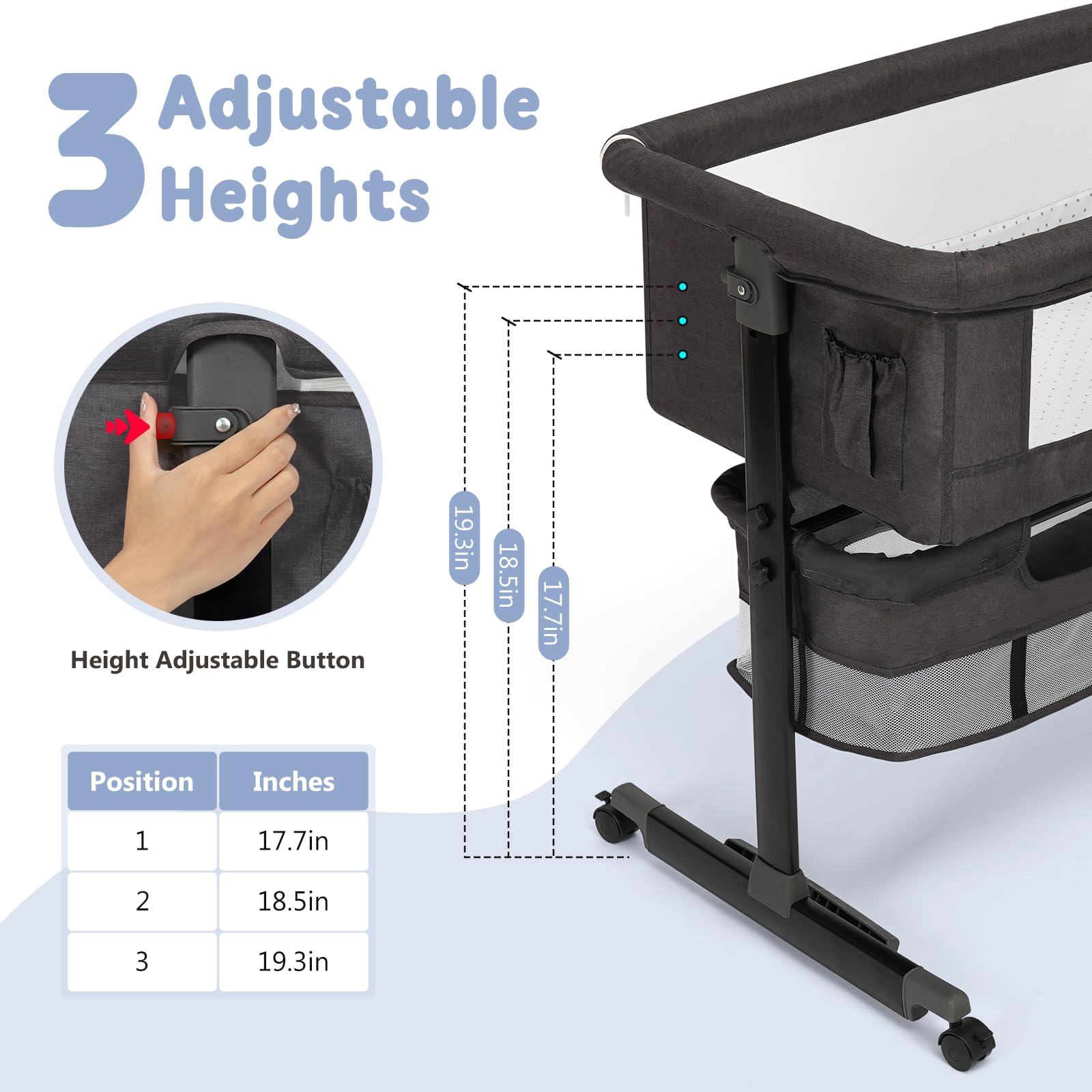SEMPHIS Baby Bassinet 3 in 1 Bedside Sleeper with Wheels