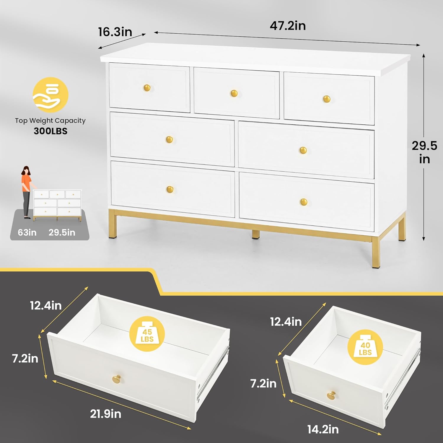 Pamapic Modern 7-Drawer White Dresser,47