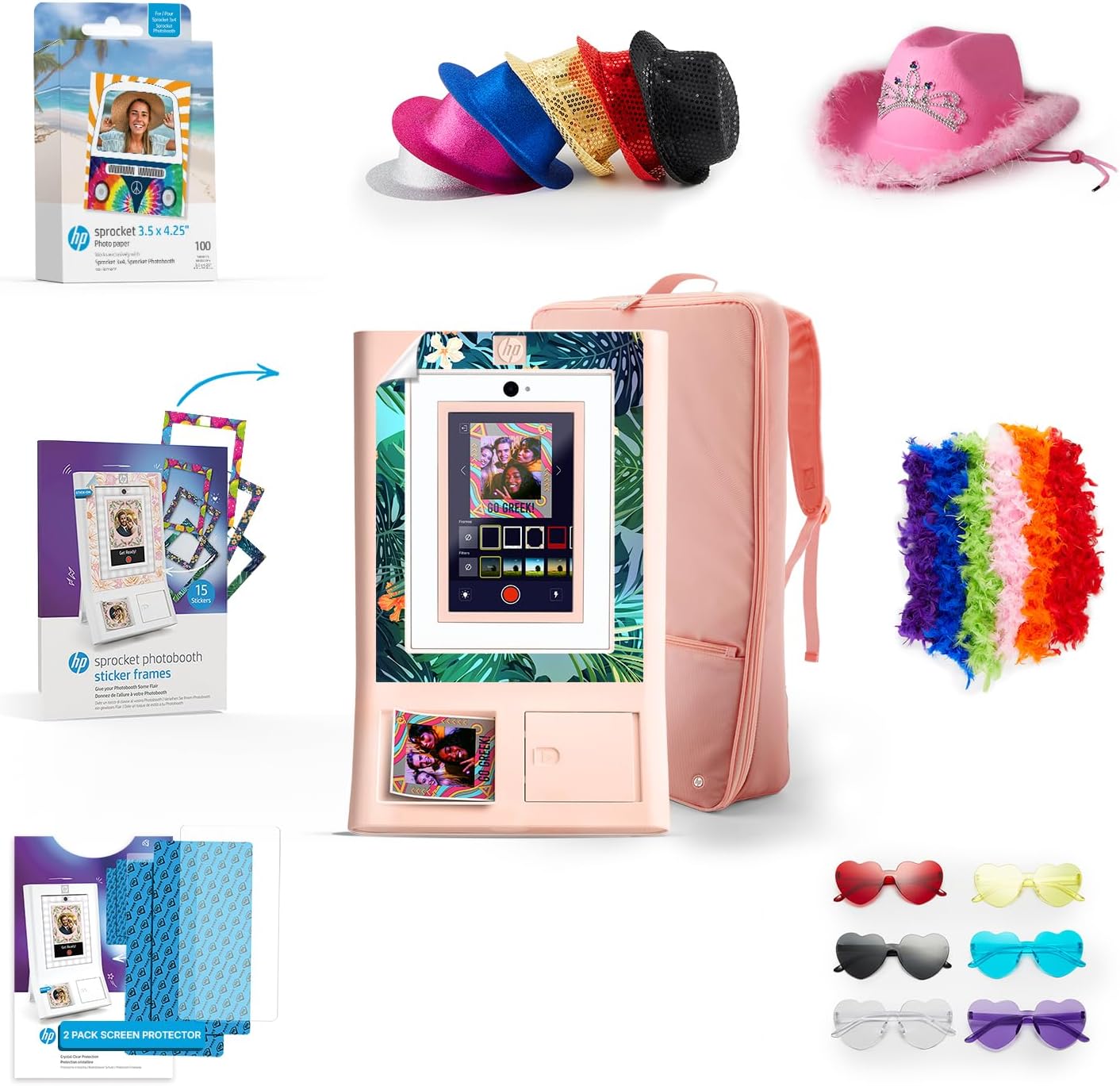 HP Sprocket Photo Booth Machine Instant Color Photo Printer (Pink) + Zink Paper (x100) + Case + Sticker Frames (x15) + Screen Protector (x2) + Fedoras (x6) + Glasses (6pc) + Boas (x6) + Cowboy Hat