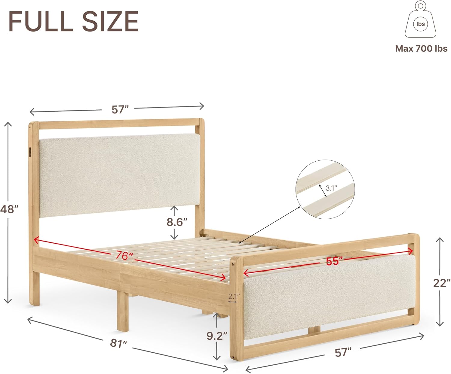 KISLOT Wood Bed Frame with Headboard and Footboard, Mattress Foundation with USB Charging Strong Wooden Slat Support Noise-Free Easy Assembly No Box Spring Needed