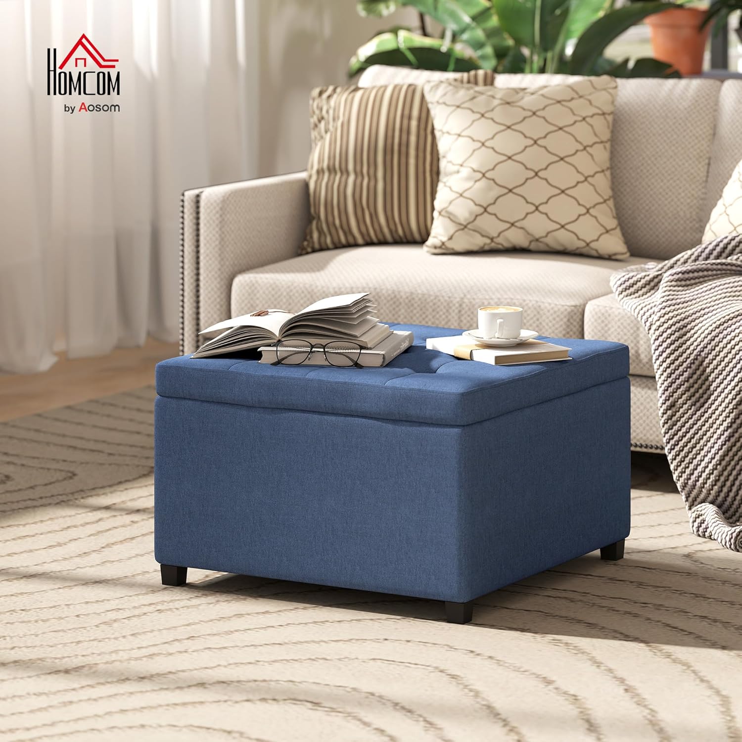 HOMCOM Storage Ottoman Coffee Table with Flip Top Seat Lid, Tufted Upholstered Footstool with Wood Frame for Living Room, Entryway, Bedroom, Blue