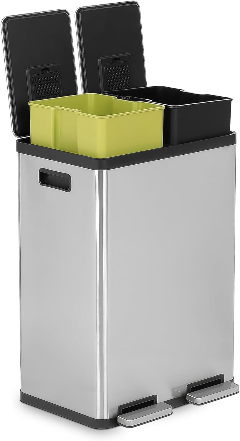 SIMPLI-MAGIC 60 Liter / 16 Gallon Rectangular Hands-Free Dual Compartment Recycling Kitchen Step Trash Can with Soft-Close Lid, Brushed Stainless Steel