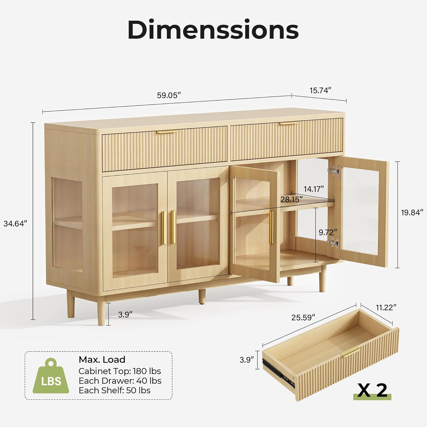 IRONCK 59'' Sideboard Buffet Cabinet with Drawers, Modern Kitchen Storage Cabinet with Adjustable Shelves and Tempered Glass Doors, Wood Coffee Bar for Kitchen, Living Room, Oak